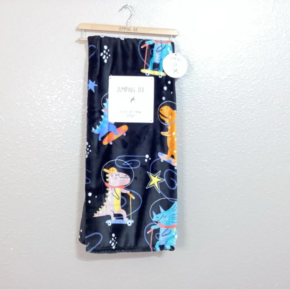 Navy Blue Dinosaurs on Skateboards Plush Throw.  NWT
